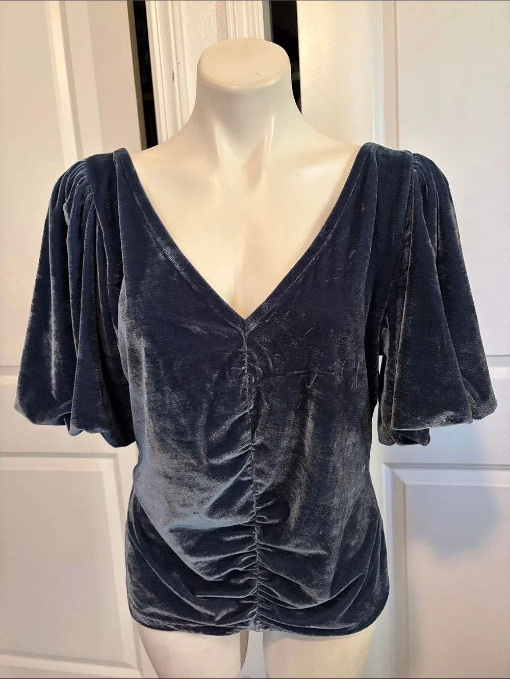 Free People Dusty Blue Velvet Ruched V-Neck Blouse